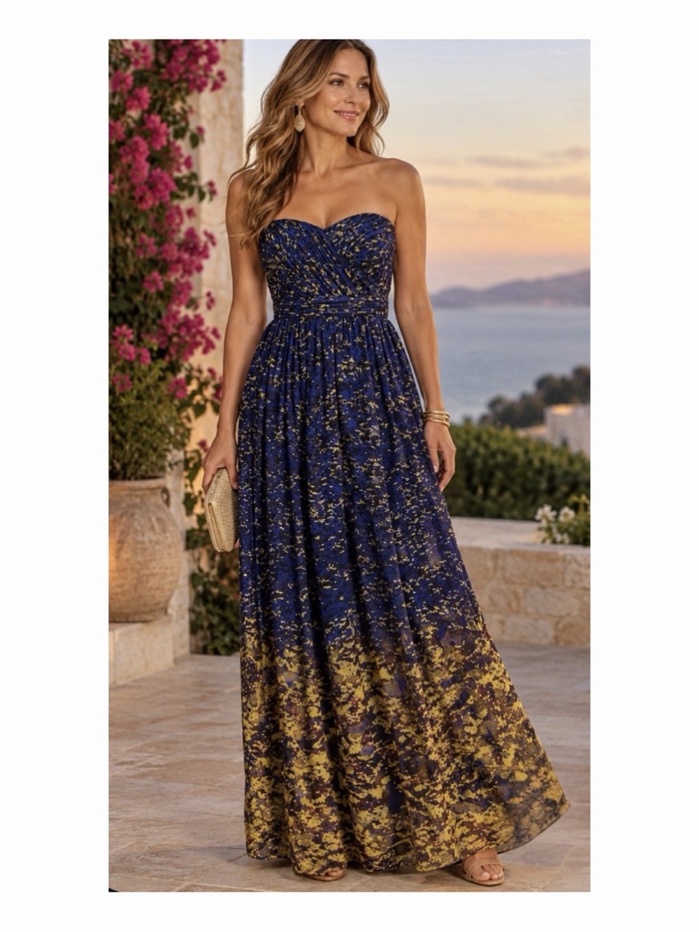 Minuet Strapless Maxi Dress Abstract Print Gathered Chest Blue Gold Medium